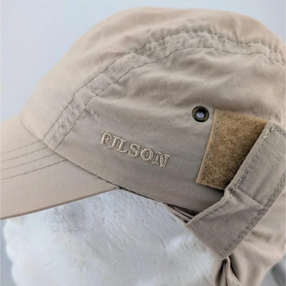 Vintage Filson Fishing Long Brim Hat Cap Made In USA Safari Sun Flap Beige